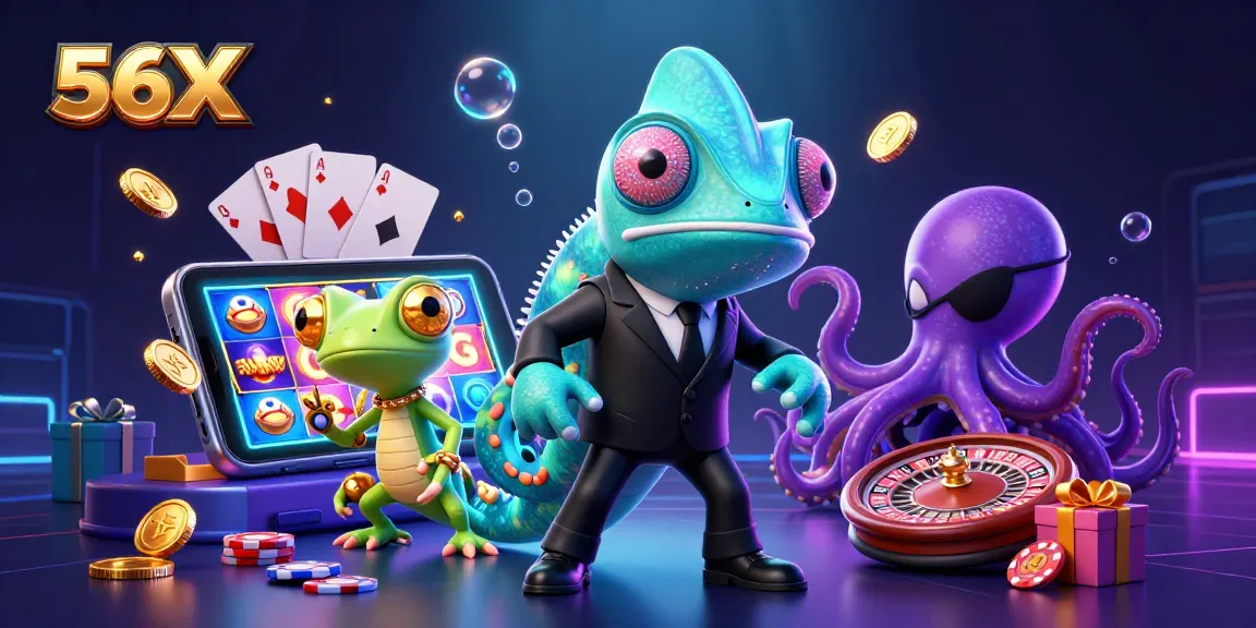 Engage with 56X's thrilling casino scene, featuring cartoon characters and vibrant game elements.