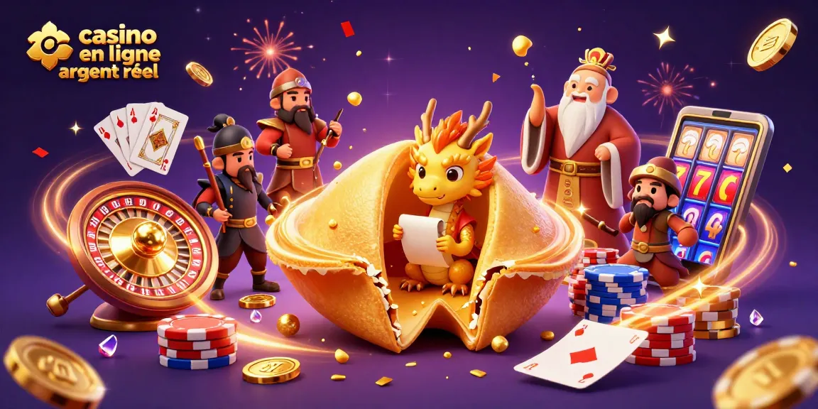 Plongez dans l'univers du casino en ligne argent réel avec une illustration captivante d'un dragon sage et de guerriers en bois.