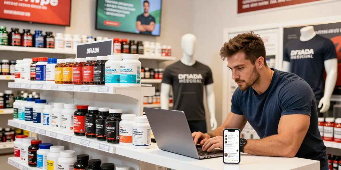 Shopper exploring quality products at Driada Medical Shop for anabolic steroids and peptides.