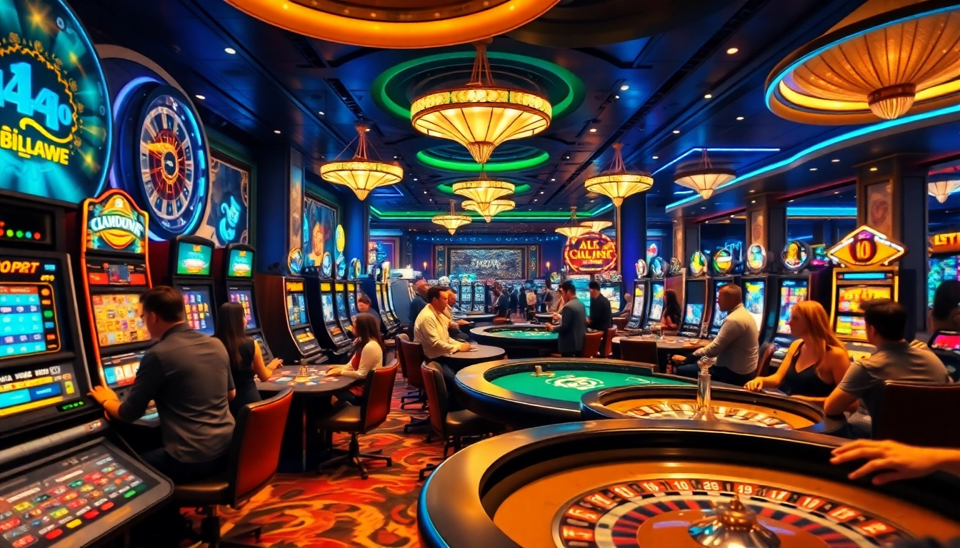 Permainan kasino mole4d dengan pemain yang antusias dan mesin slot berwarna-warni.