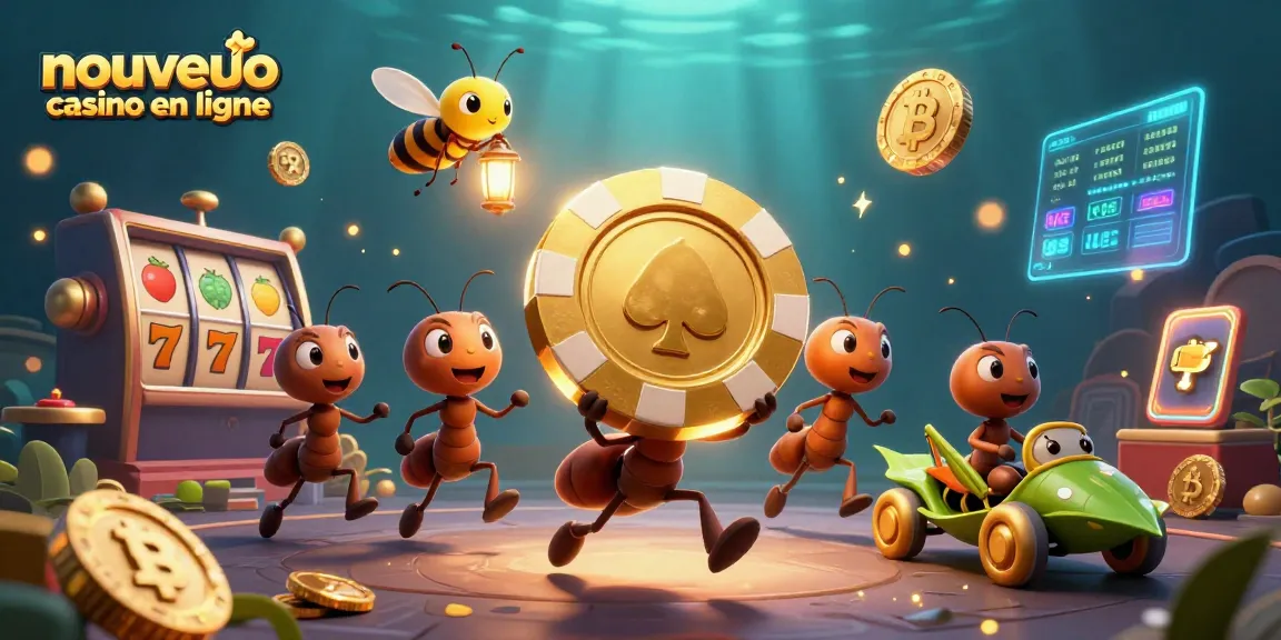 Les fourmis volent un jeton de poker au nouveau casino en ligne tandis qu'une luciole éclaire le chemin.