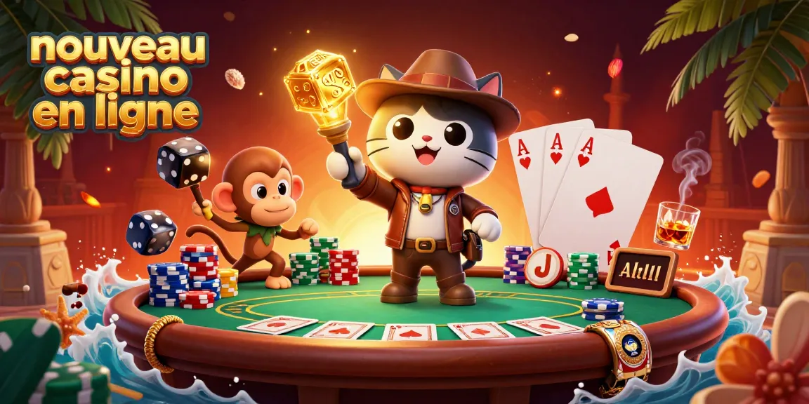 Illustration captivante d'un nouveau casino en ligne avec un chat explorateur et des éléments de poker dynamiques.