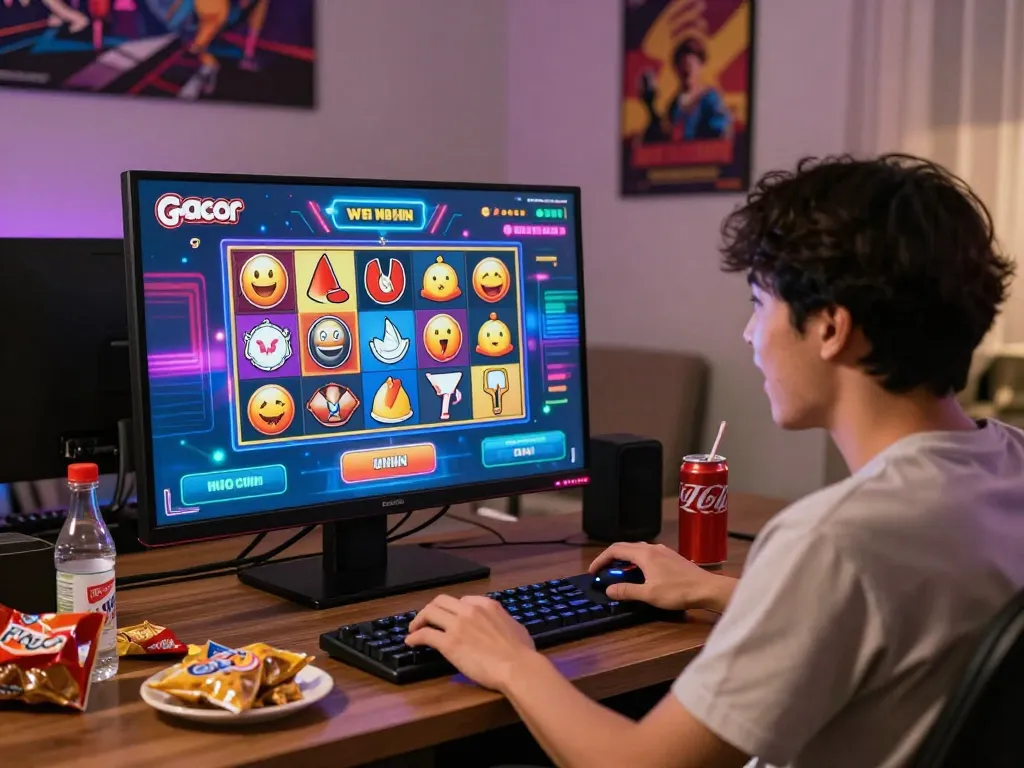 A player joyfully engaging with a slot gacor game on a modern screen in a cozy home atmosphere.