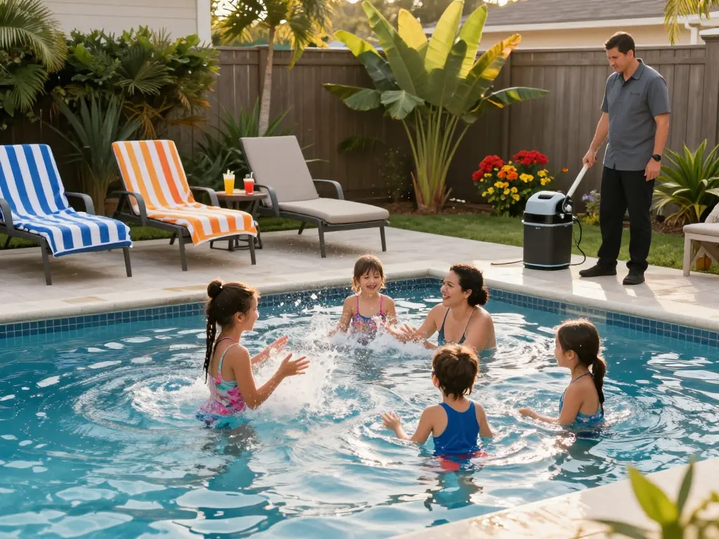 Dolphin Pool Services in action, family enjoying a sunny pool day while a professional checks the pool equipment.