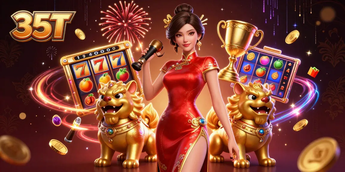 Experience excitement with 35T's vibrant illustration showcasing dynamic slot games and glamorous Asian character.