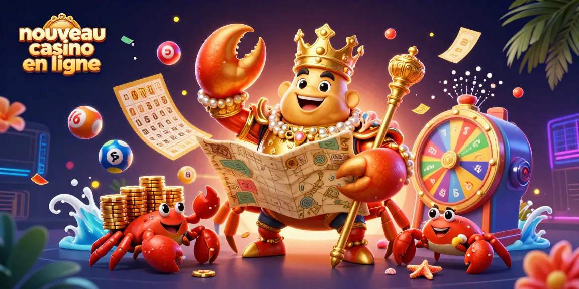 Illustration 3D dynamique représentant le nouveau casino en ligne avec le crabe empereur et des jeux.
