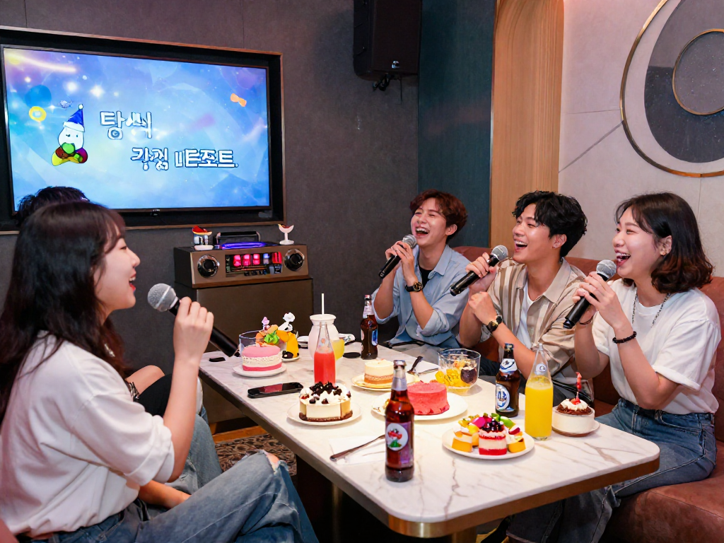 강남 디저트에서 생일 파티를 즐기는 모습, 현대적인 카라오케 룸과 다채로운 디저트 세팅