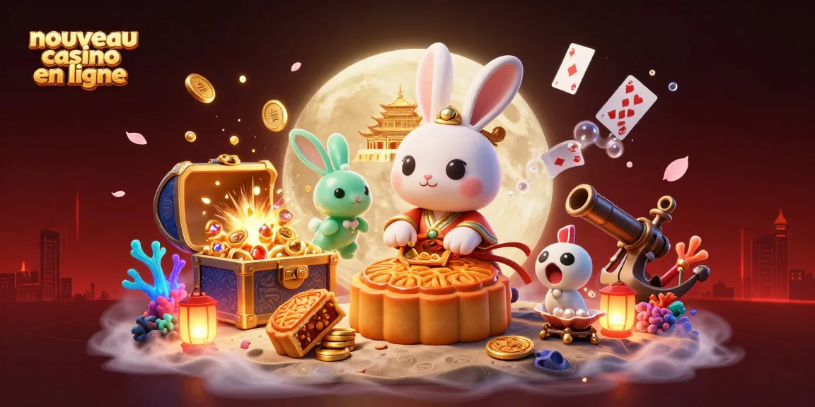 Misez et gagnez avec le nouveau casino en ligne, présentant un lapin de lune 3D et des jetons de poker.