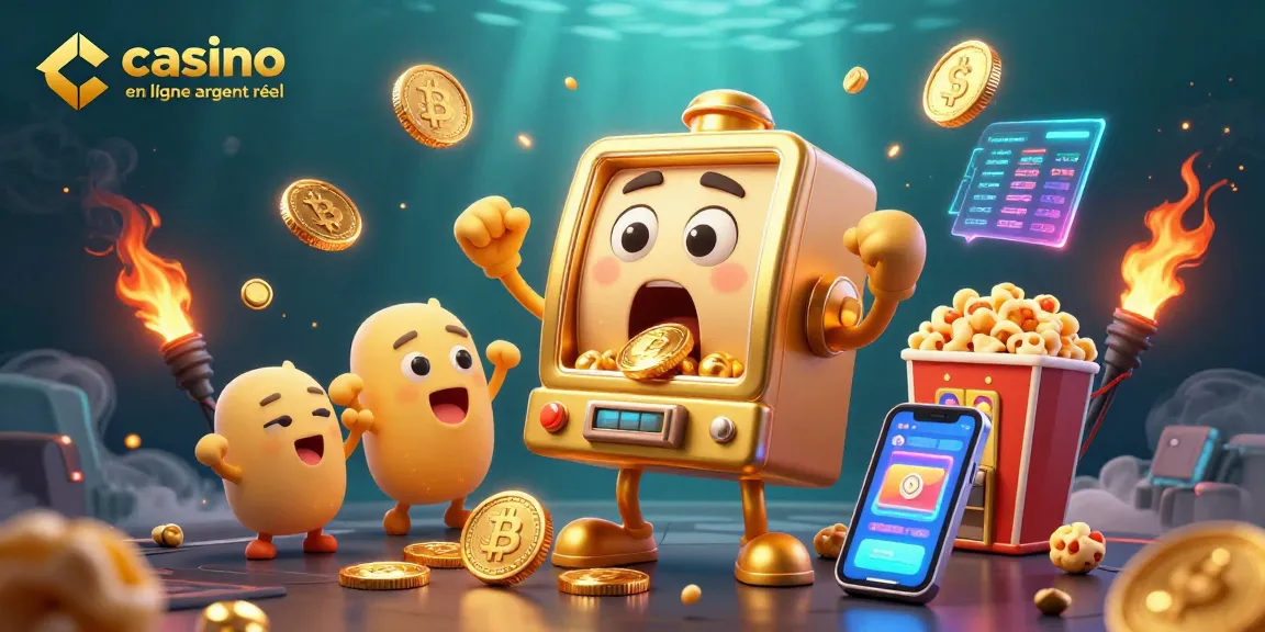 Jouez au casino en ligne argent réel avec des machines à sous et des cryptomonnaies dans une scène dynamique.