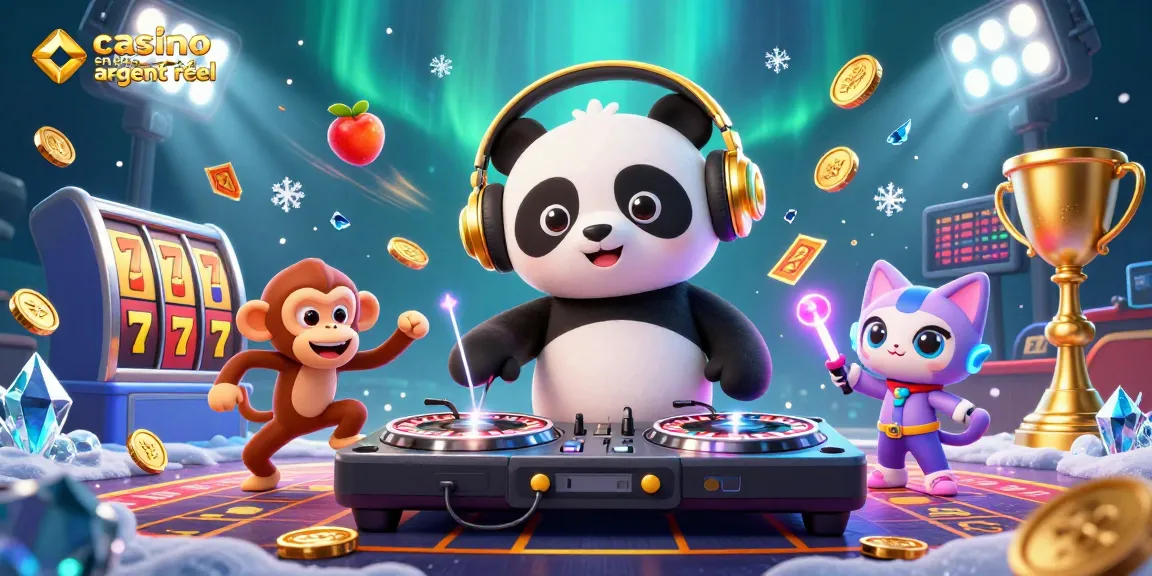 Profitez d'une expérience de jeu captivante avec casino en ligne argent réel, où un panda DJ et un singe dansent.