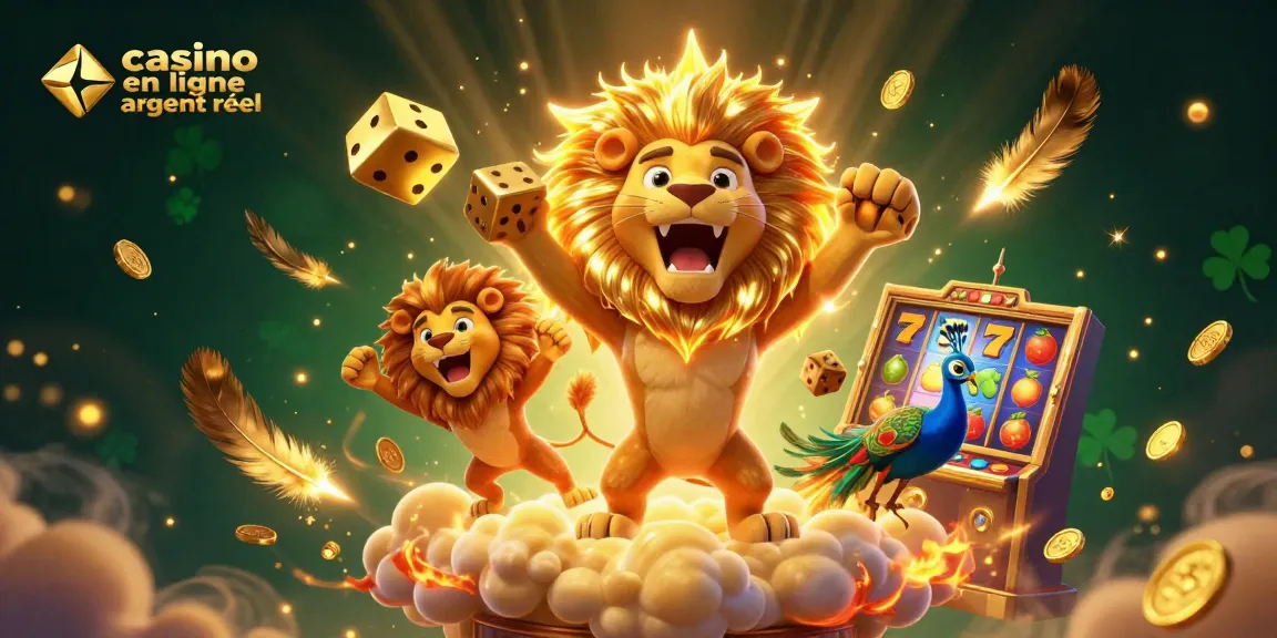 Jouez au casino en ligne argent réel avec un lion triomphant entouré de dés dorés et de machines à sous vibrantes.