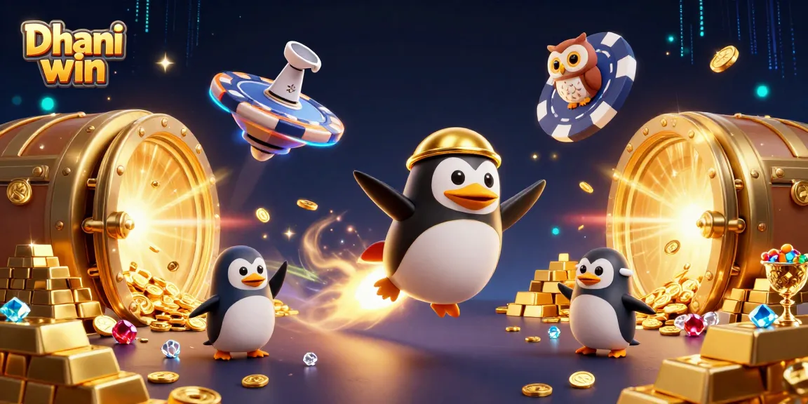 Dhani win gameplay featuring a golden penguin and poker chip casino with treasure elements.
