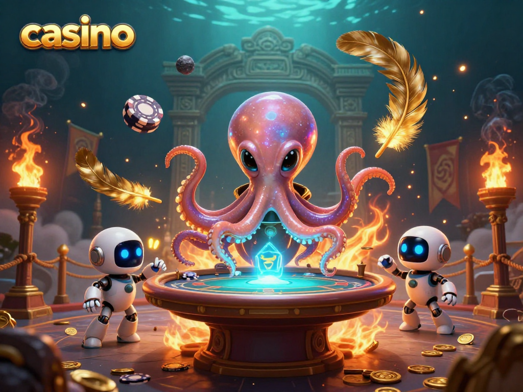 Alien octopus engages with holographic poker table in a vibrant casino scene.