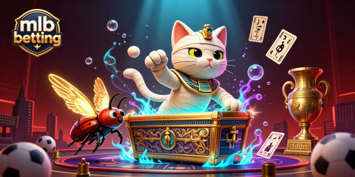 Engage in thrilling mlb betting with a vibrant scene of a mummy cat and treasures bursting from a pyramid casino.