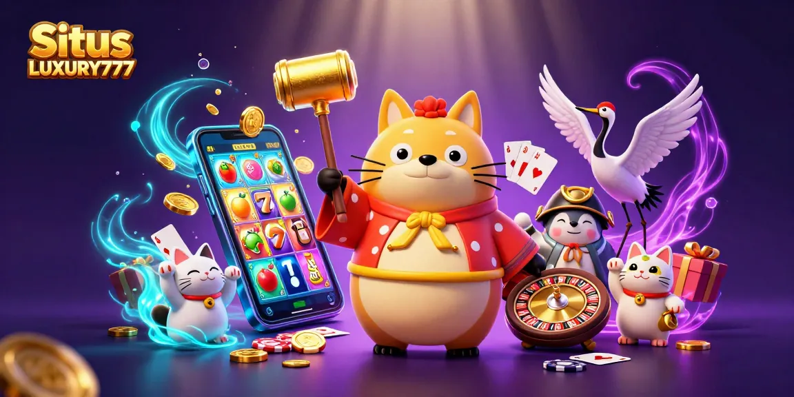 Situs LUXURY777 menampilkan tanuki bahagia dalam festival Jepang dengan elemen perjudian, slot, dan kucing keberuntungan.