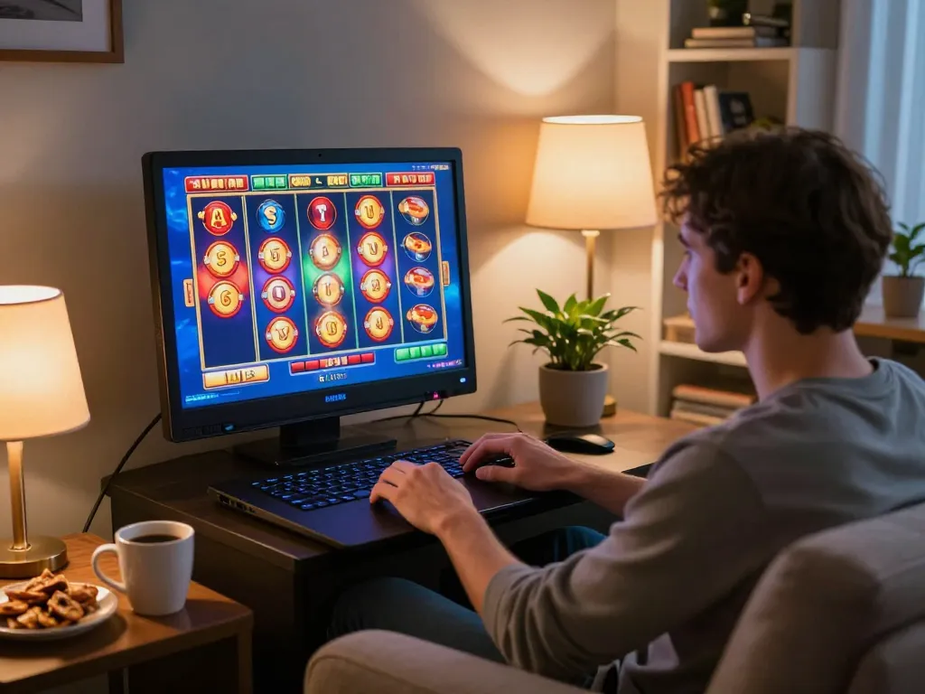 Player enjoying engaging slot online game on laptop in cozy home setting.