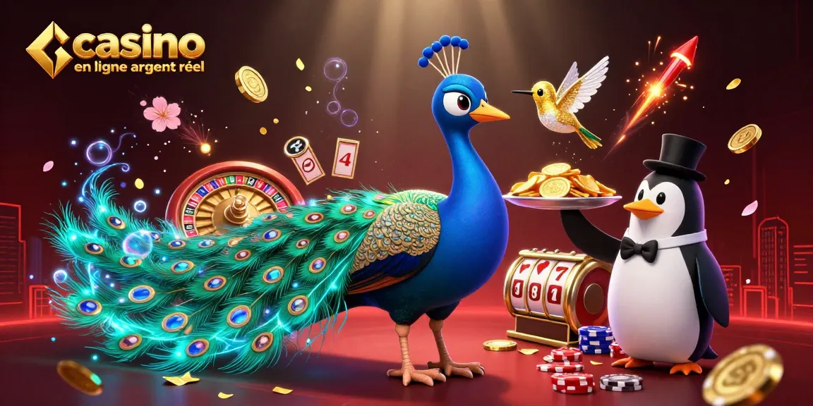 Jouez au casino en ligne argent réel avec une illustration de casino dynamique et colorée.