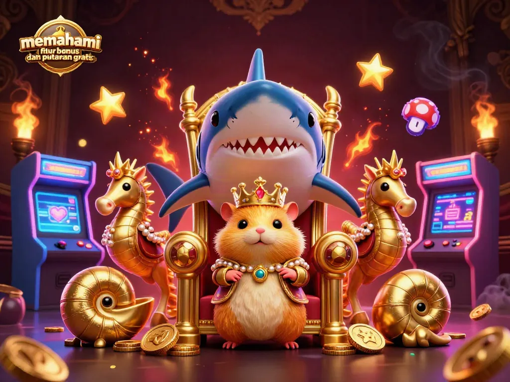 Memahami fitur bonus dan putaran gratis dengan mesin slot berwarna-warni dan karakter kartun menarik.