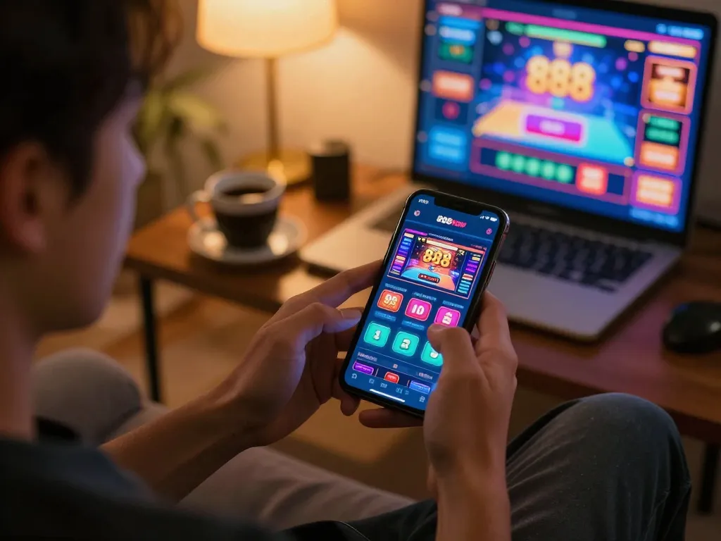 Enjoying mobile gaming with 888now casino app in a cozy setting, reflecting strategic play.