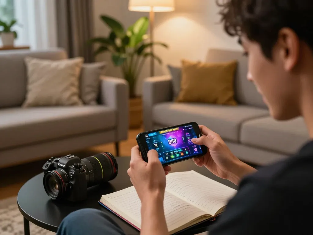 Excited player engaging with 98win trang chu mobile app during a cozy gaming session.