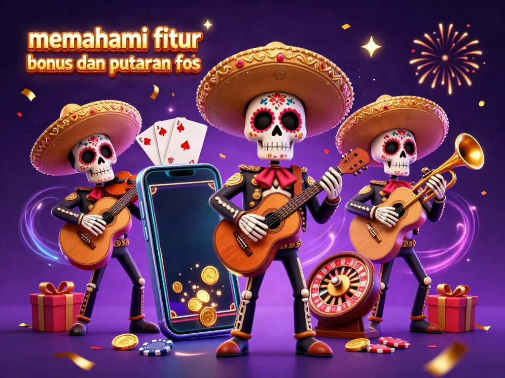 Menggambarkan pemahaman fitur bonus dan putaran gratis dengan pelawak mariachi bertema Dia de los Muertos dikelilingi elemen judi.