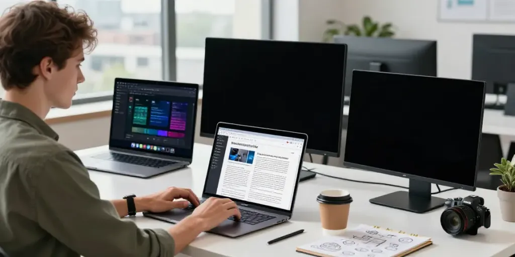AI news articles generator in a vibrant tech workspace with a content creator drafting articles at a modern desk.