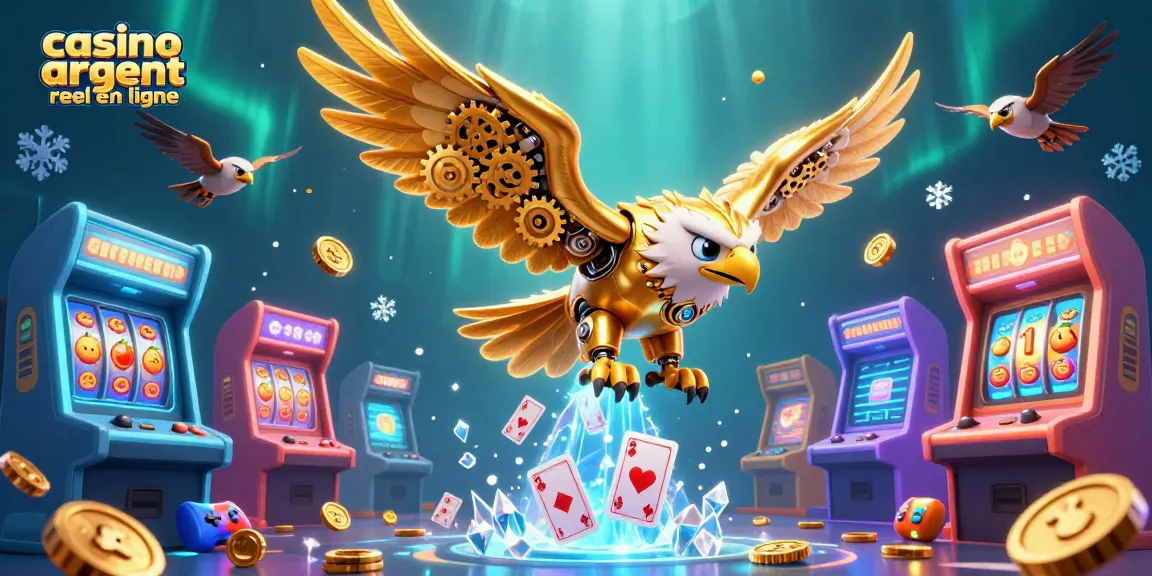 Plongez dans l'univers du casino argent réel en ligne avec un aigle cybernétique doré et des machines à sous.