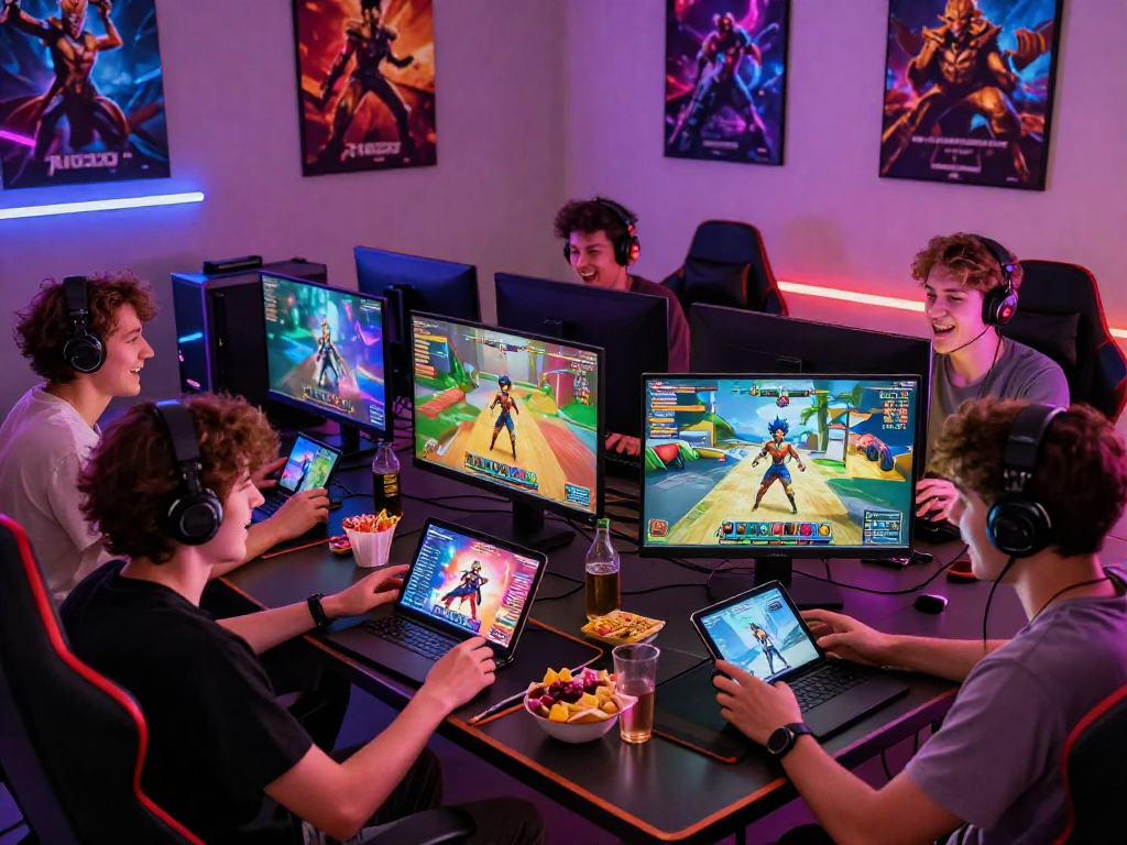 Engaging scene of gamers playing porngame on multiple devices in a lively, colorful setting.