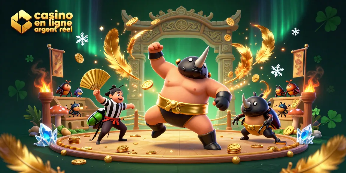 Le champion de sumo rhinocéros et le cricket arbitre animent un combat au casino en ligne argent réel.