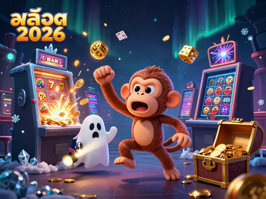 Experience สล็อต 2026 with a mischievous monkey and ghost-hunter puppy in a vibrant casino scene.