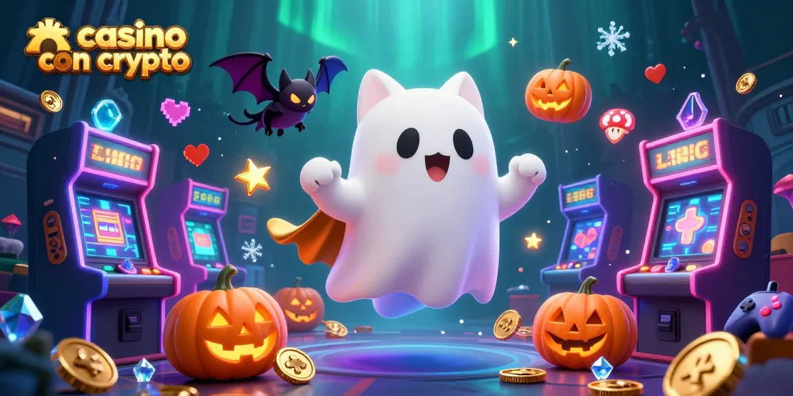 Giocatori esplorano un casino con crypto circondati da gatti fantasma e pipistrelli vampiro.