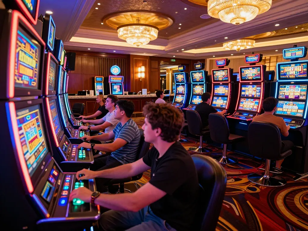 Engaged players at slot777 machines enjoying vibrant casino atmosphere and excitement.