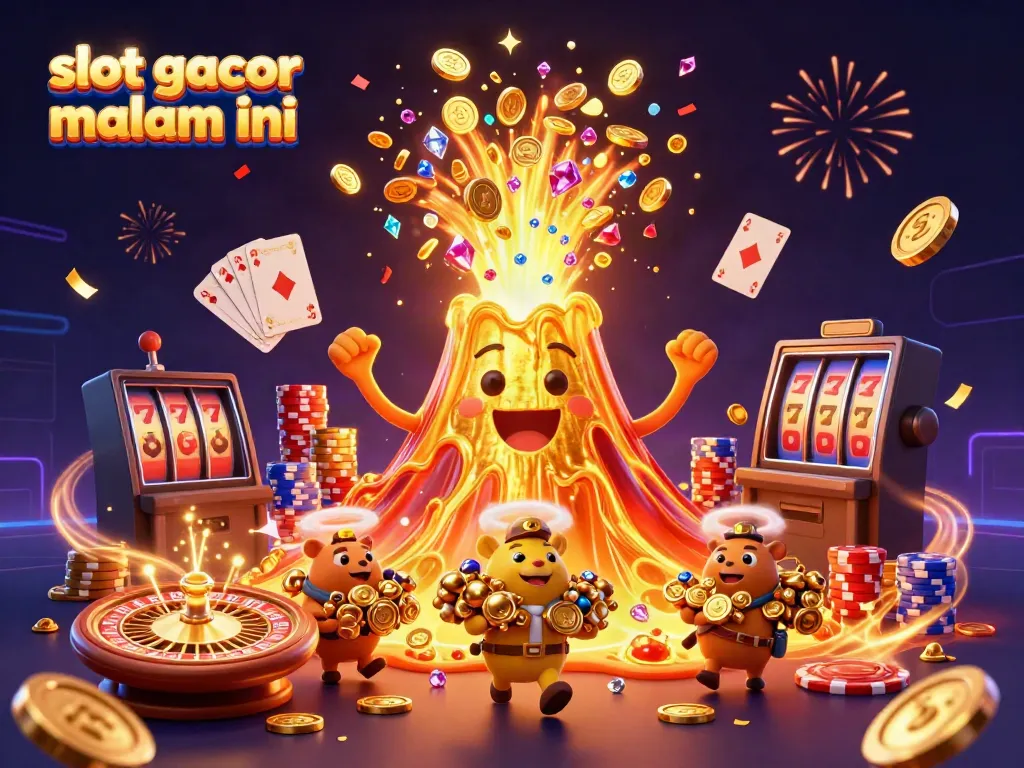 Visualisasi slot gacor malam ini dengan gunung berapi emas dan kekayaan yang meledak.