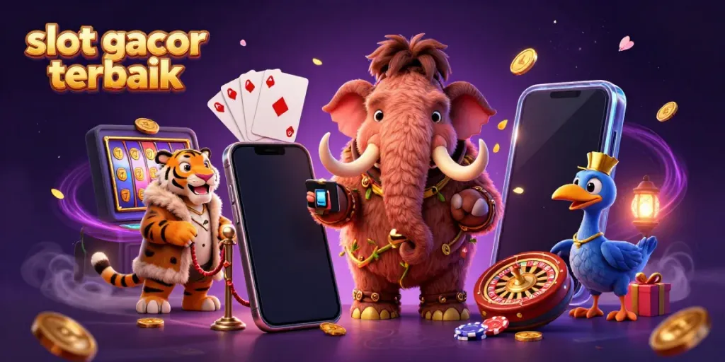 Ilustrasi berwarna-warni slot gacor terbaik dengan karakter kasino serta elemen permainan yang memukau.