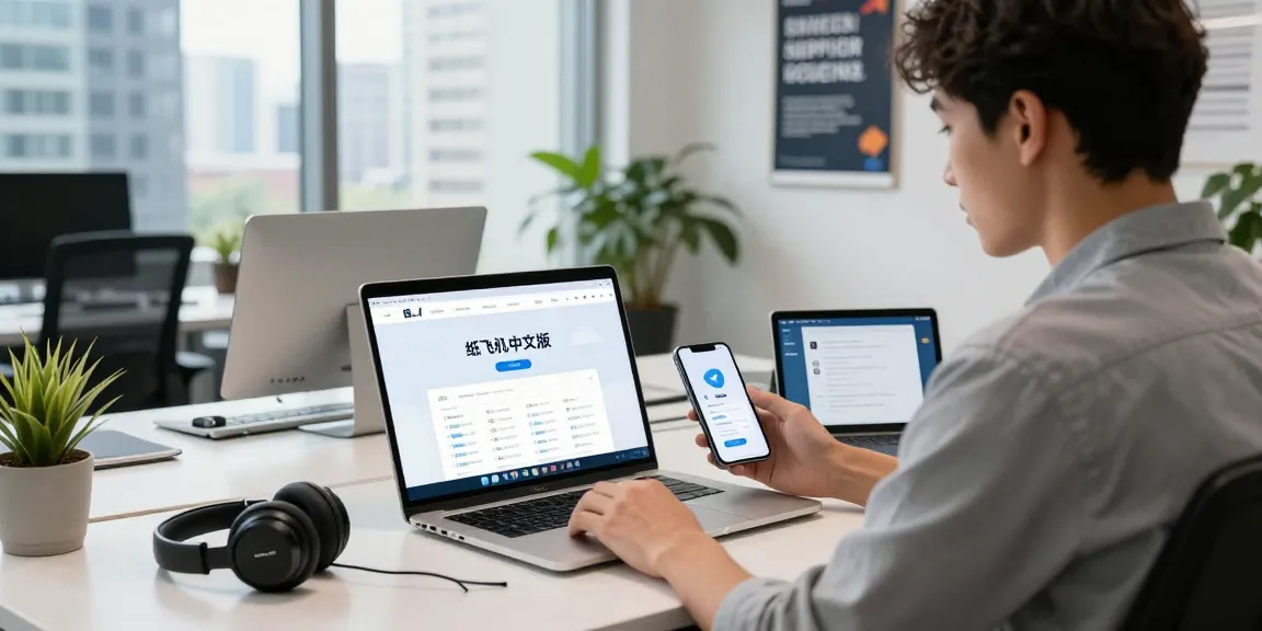 Engaging workspace showcasing 纸飞机中文版官网 on laptop, modern office setup, vibrant atmosphere.