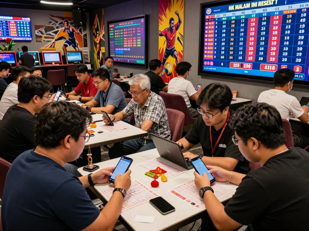 Exciting gaming environment showcasing HK Malam Ini results with players analyzing data and celebrating wins in vibrant lounge.