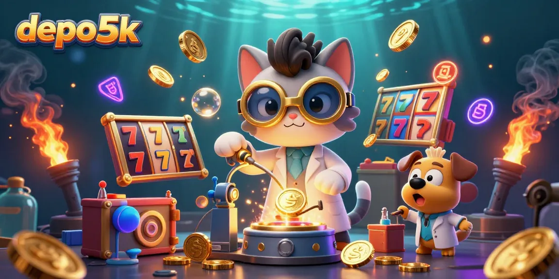 Bet on depo 5k to win big with colorful slot reels and a mad scientist in action.