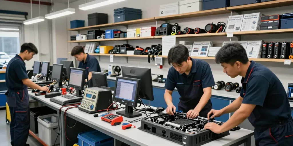 Technicians at a bmw werkstatt hannover efficiently servicing a BMW vehicle, showcasing professionalism and expertise.