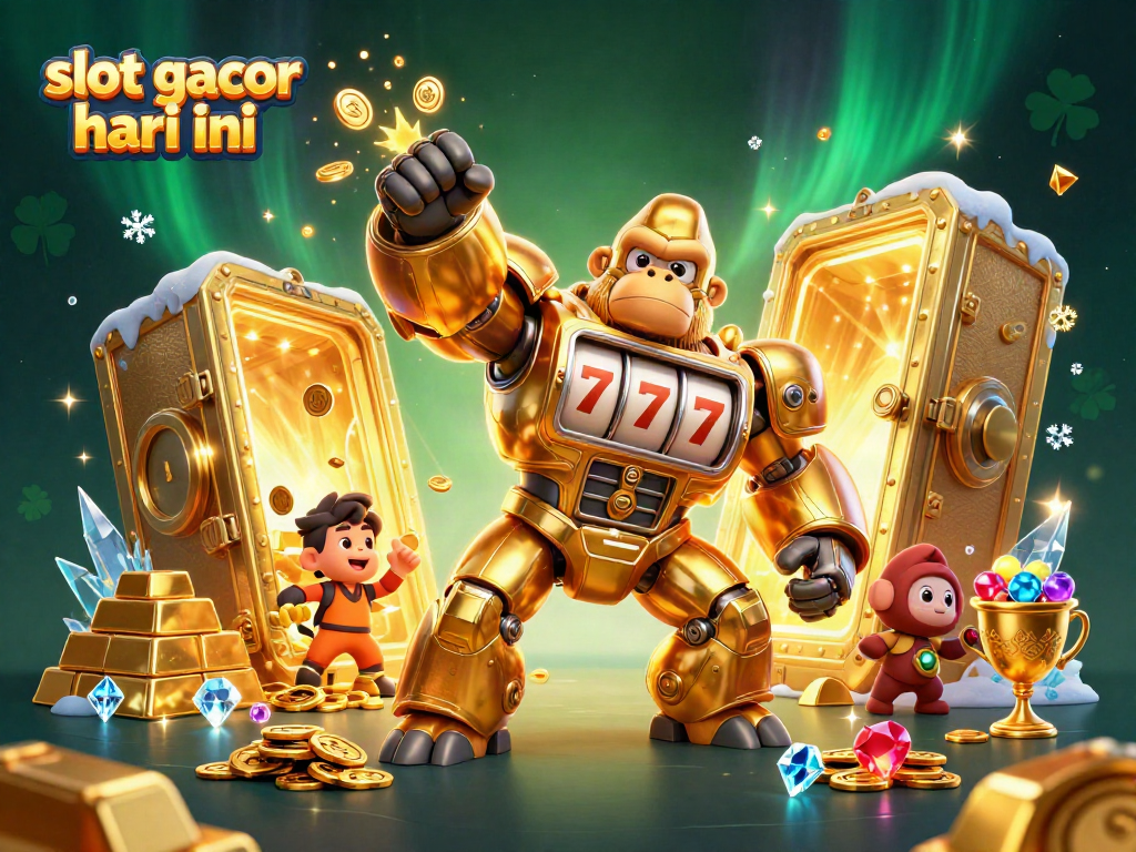 Experience the thrill of slot gacor hari ini with a vibrant 3D illustration featuring golden gorilla mech and treasures.