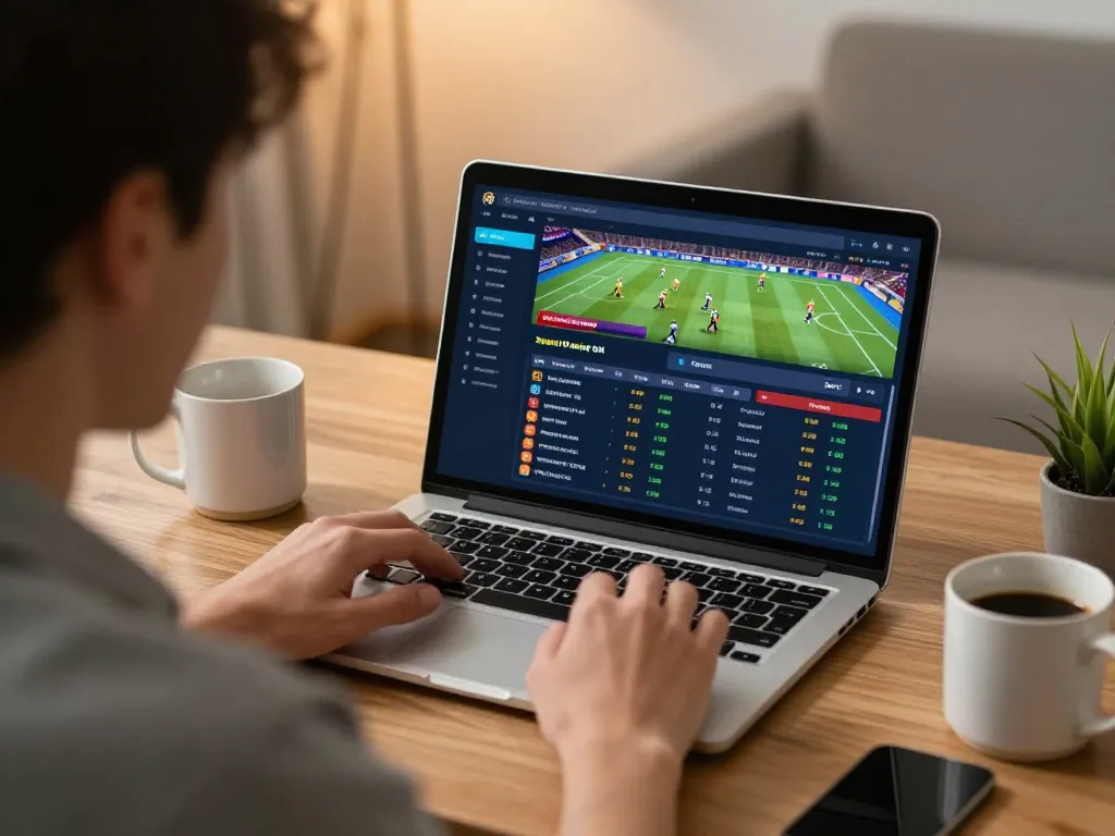 Engaged player analyzing sports betting odds at home using jun88bet platform in a relaxed setting.