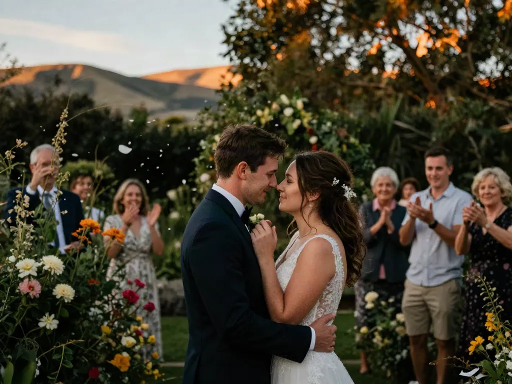 Dunedin wedding photographer capturing a couple embracing in a beautiful Otago garden during sunset.