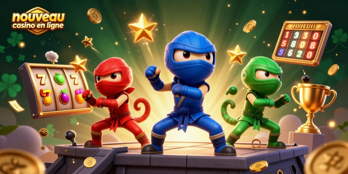 Scène animée d'un nouveau casino en ligne avec des caméléons ninjas sous des lumières éclatantes.