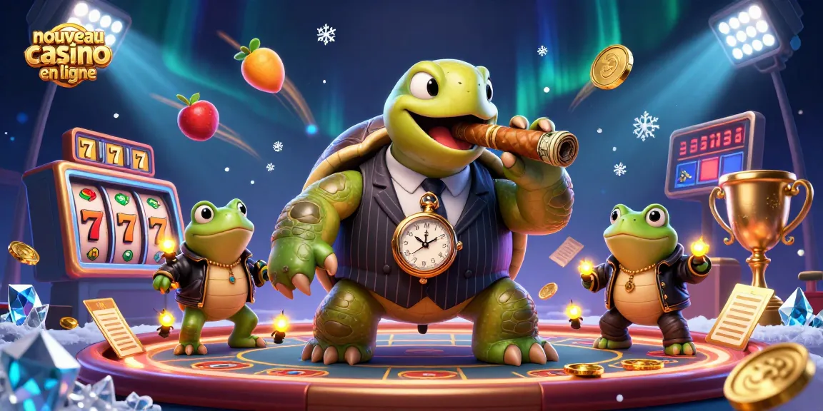 Explore les lumières du nouveau casino en ligne avec une tortue curieuse et ses partenaires sur un fond vibrant.