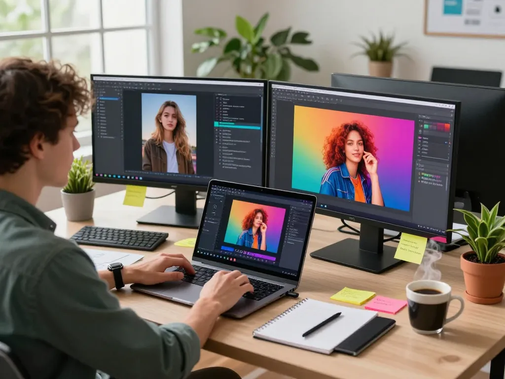 Image to prompt generator being used by a user in a modern workspace filled with creative tools and natural light.