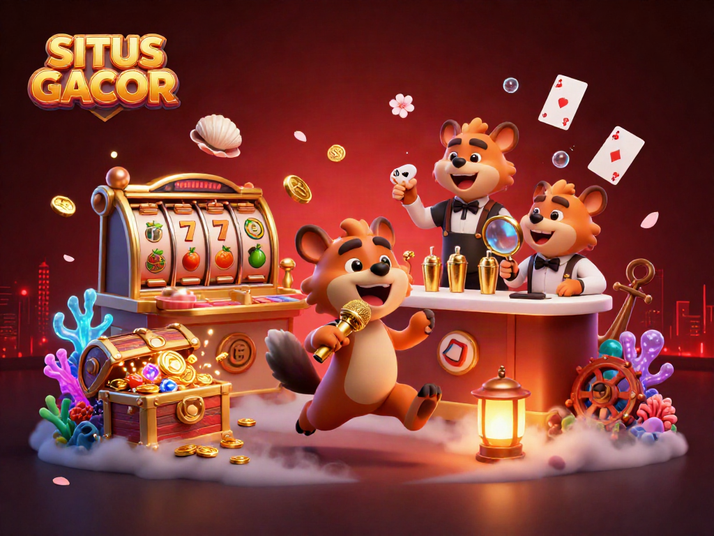 SITUS GACOR showcases hyenas enjoying a dynamic casino scene with slot elements and vibrant decorations.