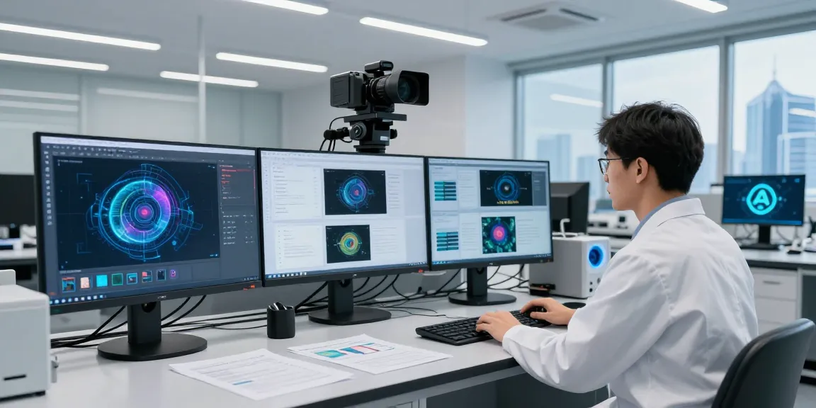 AI detector analysis in a modern lab with researchers examining images and data.