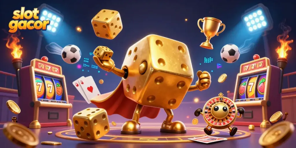 Gambaran slot gacor dengan golem dadu emas yang menggenggam dadu kecil, dihiasi simbol buah dan jackpot.
