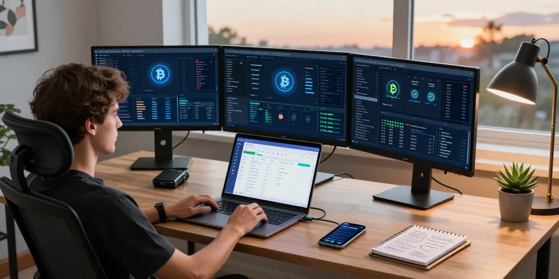 bitcoin mining platform displayed on multiple screens in a tech-focused workspace, showcasing real-time mining analytics and blockchain integrations.