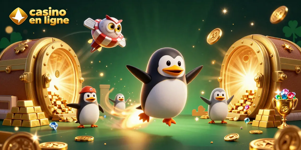 Jouez aux jeux passionnants dans un casino en ligne illustré avec un pingouin doré.
