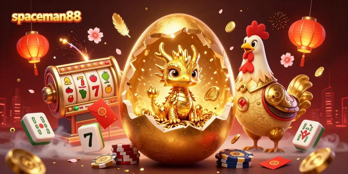 Win big with spaceman88 as the golden dragon guards poker chip nest in a vibrant casino scene.